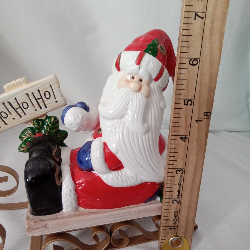 Vintage Style Ceramic Santa Claus on Gold Metal Sled Figurine Ho Ho Ho Sign 8in - Picture 7 of 7